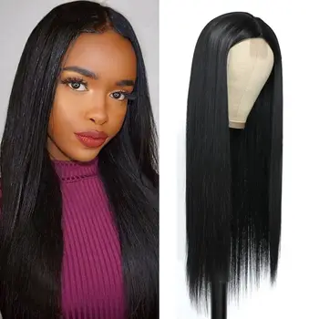 Прямой парик Маленькие кружевные фронтальные парики для черных женщин Средняя часть Линия роста волос Синтетический полный парик 26-дюймовый термостойкий волокнистый волос