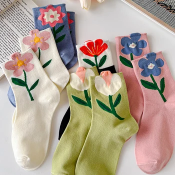 1 пара женские носки японский корейский стиль мультяшный цветок конфеты цвет харадзюку кавай средняя трубка носки дышащие повседневные короткие носки