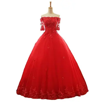 ANGELSBRIDEP Vestido De Noiva Half Long Sleeve Красный Quinceanera Платье Бальные платья Тюль Женщины Sweet 16 Платье Vestidos De 15 Anos