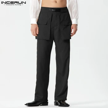 INCERUN 2023 Американский стиль Новые мужские панталоны Поддельные двухсекционные кожаные брюки с пряжкой Повседневные мужские однотонные брюки с прямыми штанинами S-5XL