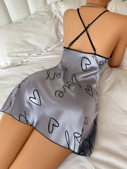 Лето Новый Ice Silk Slip U-образным вырезом Ночная рубашка Мини-платья Сексуальная пижама с открытой спиной Женская пижама Тонкое дышащее платье-комбинация с принтом