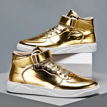 Роскошная золотая мужская обувь лакированная кожа дизайнерские кроссовки мужские высокие зеркальные туфли хип-хоп мужская повседневная обувь zapatillas hombre