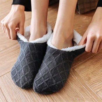 Женские вязаные носки-тапочки Уютные пушистые носки Нескользящие носки Зимние крытые двухслойные носки для спальни