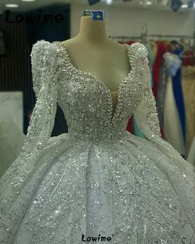 2024 Арабский Aso Ebi Роскошное кружевное свадебное платье с длинным рукавом Мусульманские кристаллы из бисера Свадебные свадебные платья Бальное платье на заказ
