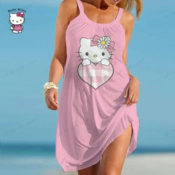 2023 Лето Новые элегантные платья для женщин Богемный О-образный вырез Приморский праздник Hello Kitty Печать Одинарное мультяшное платье без рукавов