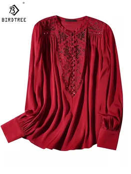 Birdtree 100% Mulberry Silk Элегантные рубашки Модные свободные винтажные рубашки с цветочным принтом Осень-зима 2023 Новые блузки Топ T38871QM