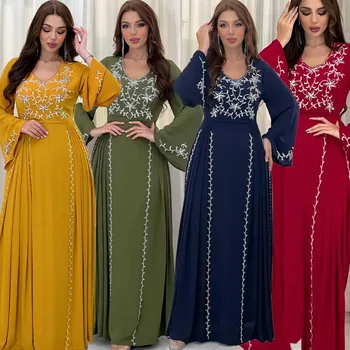 Курбан-байрам Мусульманская абайя для женщин Платья для вечеринок Джалабия Вышивка Рамадан Марокко Дубай Абайя Кафтан Ислам Вестидос Арабский длинный халат