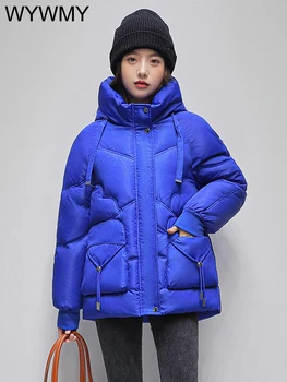 WYWMY Klein Синяя хлопчатобумажная куртка, хлопковая куртка с капюшоном Женская осень и зима Толстая свободная стеганая куртка на молнии
