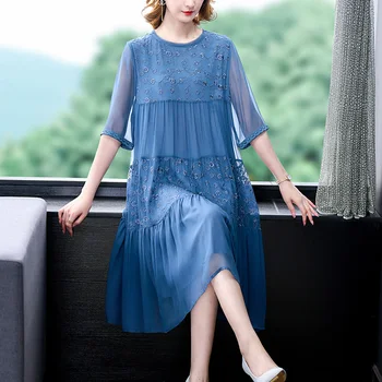 Женщины Синяя вышивка Натуральный Шелк О-образный вырез Платье миди Летняя мода Легкая элегантная повседневная одежда 2023 Корейское облегающее платье для вечеринки