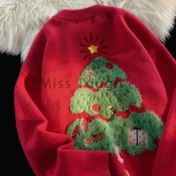 Зимние рождественские вязаные пуловеры для пар топы женские принты свободные элегантные свитера Y2k Женская корейская одежда в стиле ретро-шик 2023
