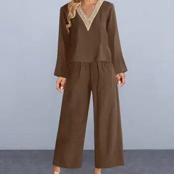 Комплект брюк-рубашки Шикарные женские наряды из 2 предметов Кружевные топы с V-образным вырезом Широкие брюки с высокой талией и карманами для повседневной носки Топы с V-образным вырезом