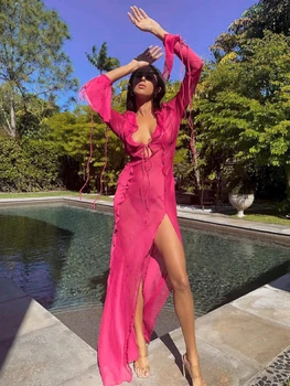 Видеть сквозь женское летнее сетчатое платье для пляжа с V-образным вырезом и длинным рукавом прозрачные макси-платья для женщин пляжная одежда розовые накидки