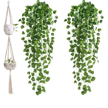 новый 1 шт. макраме двойная вешалка для растений 2 яруса подвесного кашпо и 2 шт. искусственная гирлянда плюща искусственные висячие виноградные растения