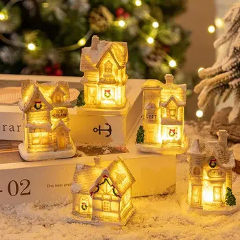 Рождественские домики Прочные праздничные светодиодные светящиеся смолы Зимние деревенские дома Смоляной маленький дом Излучающий дом Рождественские аксессуары