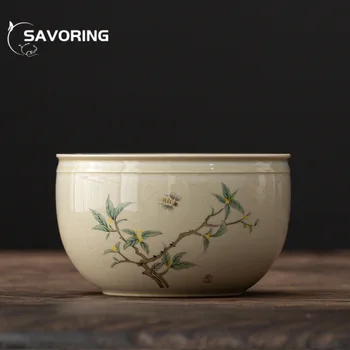 Антикварное растение Серый керамический умывальник для чая Японское ведро для остатков чая Древняя голубая глазурь Бочка с остатками чая Кунг-фу Дизет