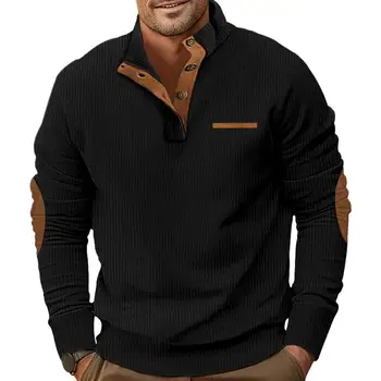 Вельветовая толстовка Мужская вельветовая толстовка с воротником-стойкой с контрастным цветом Карманная футболка 3d Пэчворк Зимний свитер