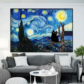 Винсент Ван Гог Звездная ночь Кот Настенное искусство Плакат Знаменитая картина на холсте Печать Забавная черная кошка Картина для комнаты Домашний декор