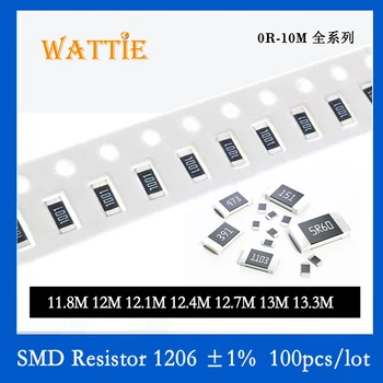 SMD Резистор 1206 1% 11,8 М 12 М 12,1 М 12,4 М 12,7 М 13 М 13,3 М 100 шт./лот Чип-резисторы 1/4 Вт 3,2 мм * 1,6 мм Высокий МОм