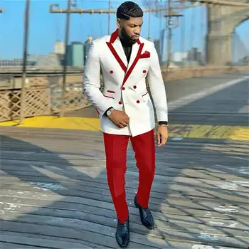 Дизайнерский мужской костюм двубортный мужской блейзер комплекты облегающий смокинг белый пиджак и красные брюки остроконечный лацкан свадебная одежда жениха