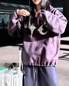 Winter Thug Club Фиолетовая вымытая поврежденная толстовка с капюшоном High Street Casual Loose Fashion Brand Hoodie Корейская чистая хлопок Оверсайз Хип-хоп
