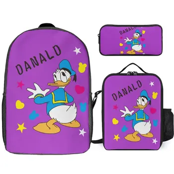 Школьный портфель для мальчиков и девочек Набор из трех частей Disney Custom Schoolbag Pattern Backpack Пенал Сумка для обеда Школьный портативный рюкзак