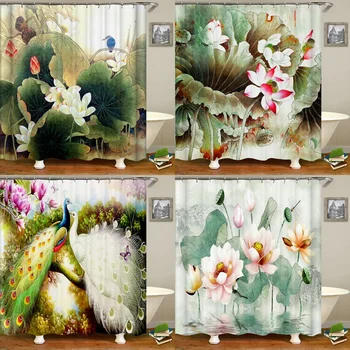 Китайский стиль Цветы Птицы Пейзаж Водонепроницаемый Занавеска для душа Занавески для ванны 3D-печать Ванная комната с крючками Моющийся тканевый экран