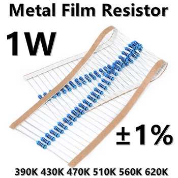  (50 шт.) 1 Вт Металлический пленочный резистор 1% пятицветный кольцевой прецизионный резистор 390K 430K 470K 510K 560K 620K