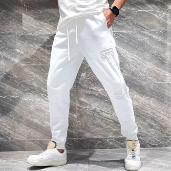 Белые мужские брюки Повседневная уличная одежда Модные брюки L буква лоскутный брюки на шнуровке