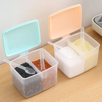 Кухонная двойная стильная коробка для ароматизаторов Пластиковый горшок для приправы Одна квадратная коробка для хранения приправ с ложкой Горшок для приправ для барбекю