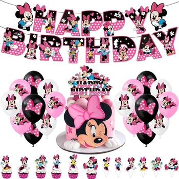 Дисней Украшения на День Рождения Розовый Микки Маус Минни Баннер Кекс Топперы Воздушные шары Принадлежности для вечеринки по случаю дня рождения для девочек детей ребенок