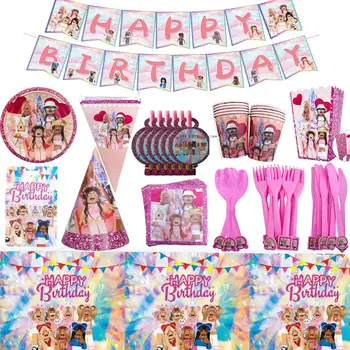 Розовые принадлежности для вечеринки по случаю дня рождения Детский тематический набор Украшение Украшение Бумажные стаканчики Бумажные тарелки Скатерть