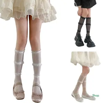 L5YC Кружевные носки Женские кружевные носки с оборками в японском стиле Многослойные носки из телячьей кожи