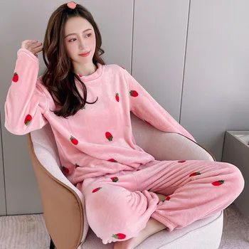 коралловый бархат клубничная пижама для женщин осень зима теплая домашняя одежда утолщенная фланель женские пижамы пижама ночной комплект