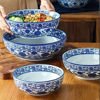 Сине-белая фарфоровая посуда Керамическая большая чаша Японская посуда Декоративная лапша Суп Домашние кухонные принадлежности