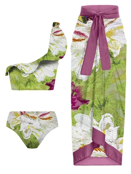  Зеленый Женский Цветочный Принт Halo Ruffle Lace Дизайн на одно плечо Раздельный бикини с высокой талией Длинный галстук Чехол 2023 Новые дизайны