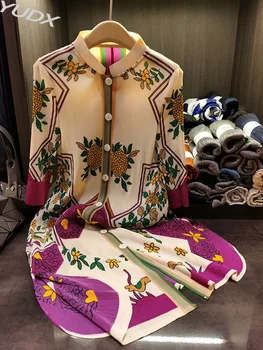 YUDX Miyake Платье-рубашка с цветочным принтом с воротником Лето 2023 Новое свободное платье А-силуэта с оборками и принтом