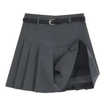 Серая плиссированная юбка с поясом Женская Лето 2023 Новая мини-юбка с высокой талией Винтажная корейская модная женская юбка