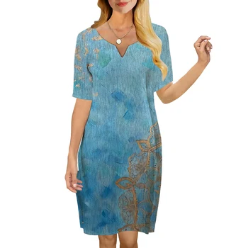 CLOOCL Женское платье Синее 3D-печатное V-образное платье с V-образным вырезом Свободное повседневное платье с коротким рукавом для женских платьев Вечернее платье