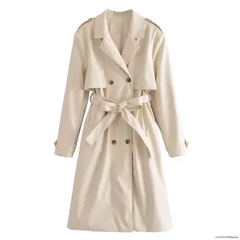 Женщины 2023 Новая мода с ремнем искусственная кожа тренч пальто винтаж с длинным рукавом карманы женская верхняя одежда шикарное пальто