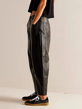 Женские брюки из искусственной кожи Укороченные кожаные брюки с широкими штанинами Повседневные свободные кожаные брюки Брюки-баллоны с карманами