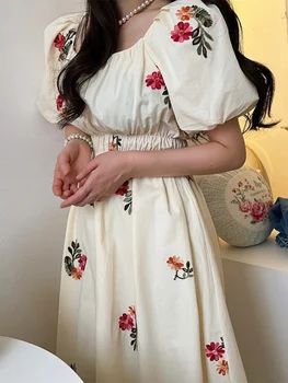 корейское шикарное платье с цветочным квадратным воротником женское повседневное платье с высокой талией и пышными рукавами женские 2023 лето новая мода Vestido Y952