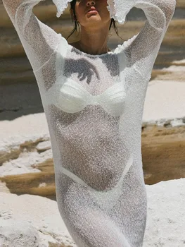 вязаное крючком пляжное платье с длинным рукавом для женщин с открытой спиной Hollow Out Прозрачное платье Накидки