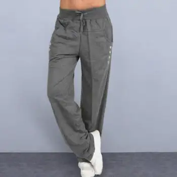 Элегантные широкие брюки Женские широкие штанины для йоги с кулиской Талия Пуговицы Декор для осенне-зимнего тренажерного зала Спорт Свободный твердый