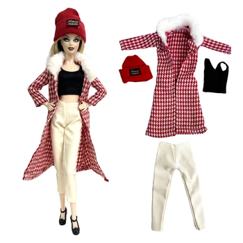 NK 1 комплект Принцесса Мода Красный Клетка Длинное Пальто Черный Жилет Топ Белые Брюки + Шляпа Благородная Одежда Для Барби Кукла Аксессуары Подарок Игрушка