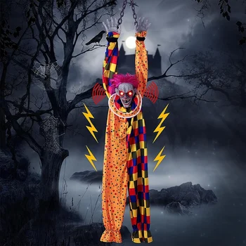  Висячий клоун 5,6 футов Анимированный говорящий и трясущийся страшный клоун с цепью, сенсорный активированный для декора на Хэллоуин
