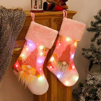2021 Розовый рождественский чулок Ткань Санта-Клаус Носок Подарок Детский Конфетный Мешок С Огнями Светящийся Рудольф Навидад Подвесной Носок Декор