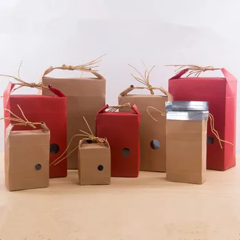 10 шт. Коричнево-красная упаковочная коробка из крафт-бумаги с прозрачным окном Крафт-картонная коробка для пакетов для хранения продуктов с рисом и чаем