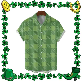 Мужская рубашка Клевер рубашки с лацканами Блузки Ирландский национальный день Святого Патрика Зеленые топы С коротким рукавом Мужские фестивальные камзоли 