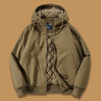  Осенняя и зимняя куртка с капюшоном Мужская свободная одежда большого размера утолщенная теплая хлопковая одежда Винтажная рабочая одежда Хлопчатобумажная одежда