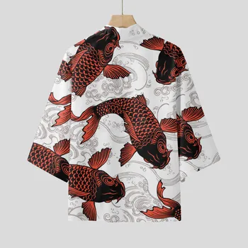 Koi Carp Haori Кимоно Рубашка Harajuku Японский стиль Большие размеры Мужчины Костюм самурая Yukata Азиатская одежда Кардиган Мужская куртка Пальто